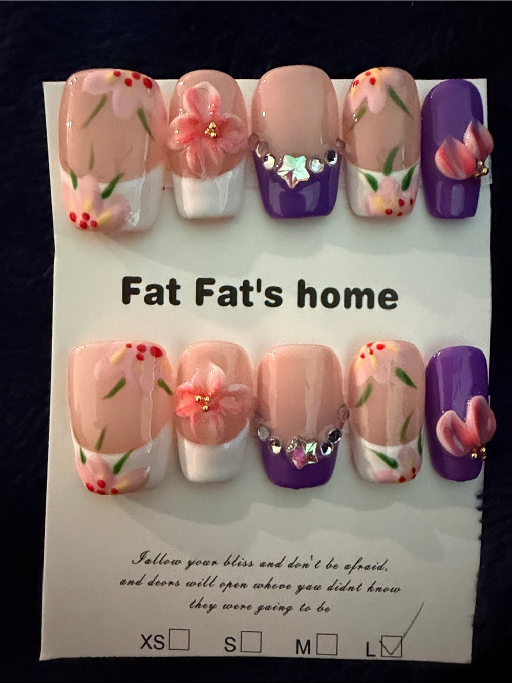 3D Floral Pink & Purple Acrylic handmade Press-On Nails with 3D Flowers